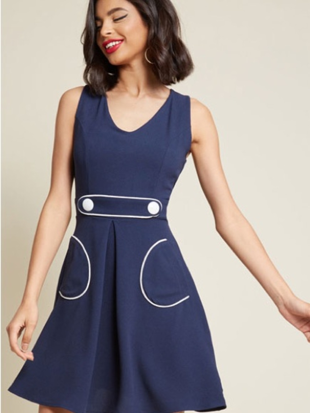 Navy A-Line Dress with White Trim